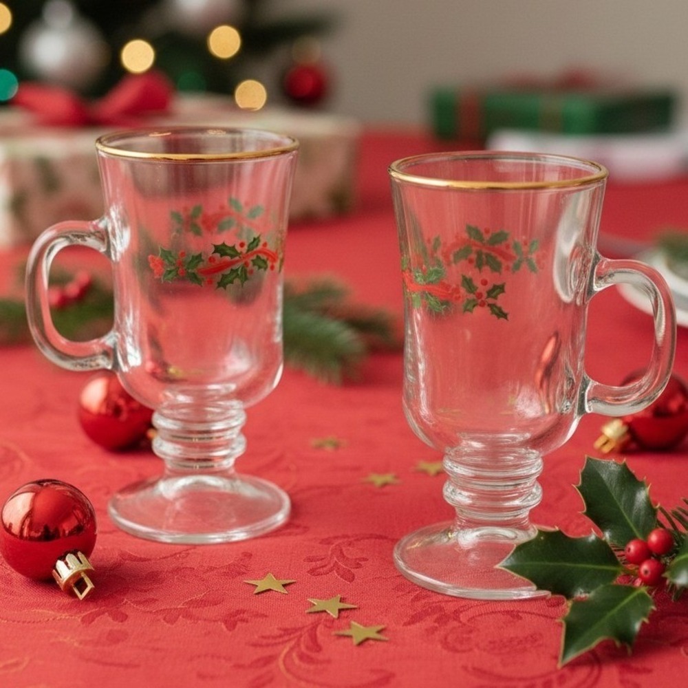 2 ~ Vintage Libbey Irish Coffee‎ Mugs ~ Christmas Holly Berry Ribbon ~ Gold Band
